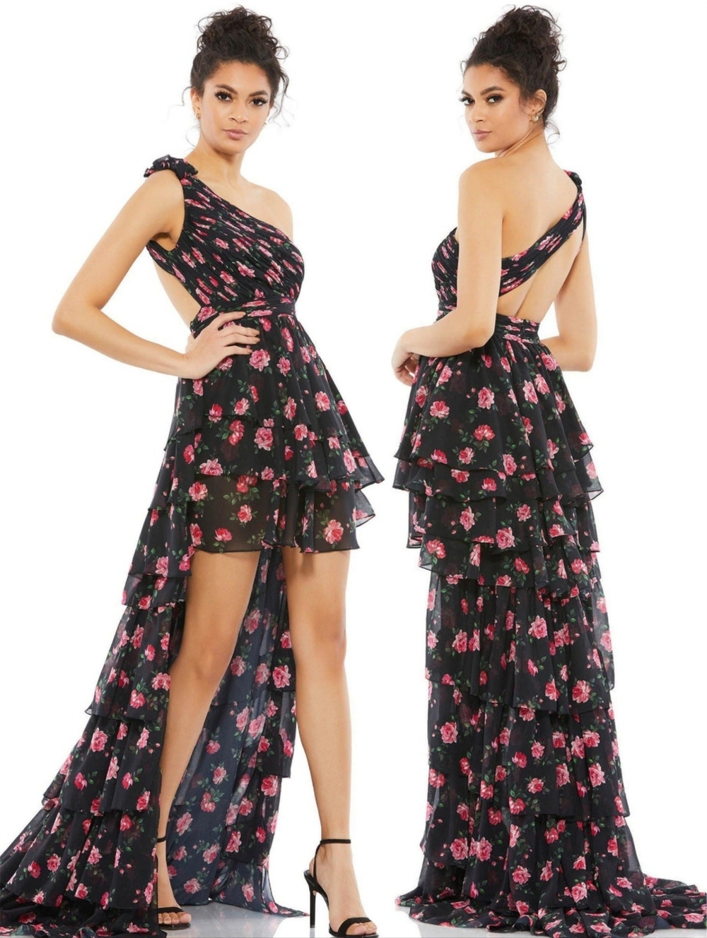 Mac Duggal 70246 Black Multicolor Pink Floral One Shoulder High Low Dress 4 NWT